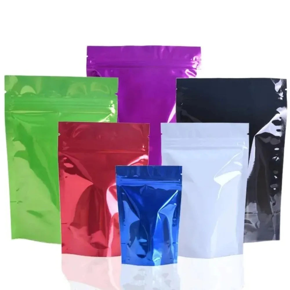 100Pcs Resealable Colorful Glossy Aluminum Foil Stand Up Bags Zip Lock Pouches Ideal for Coffee Beans Snacks Candy Gifts Packing