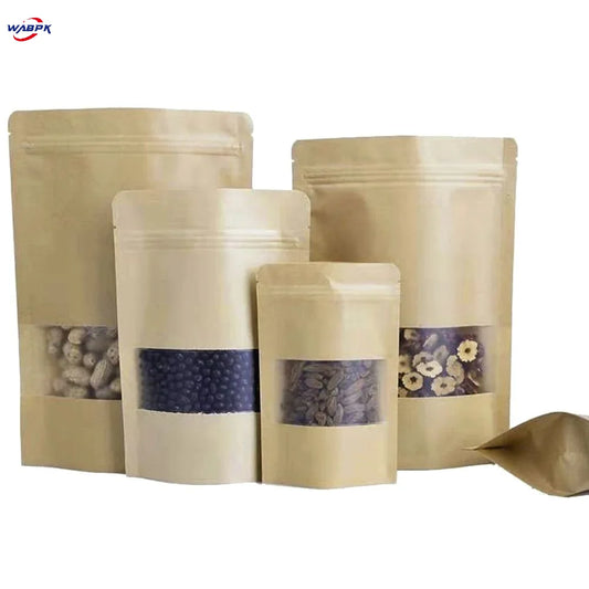 50Pcs/Lot Food Storage Doypack Self Grip Seal Packaging Pouches Kraft Paper Zip Lock Stand Up Bag with Frosted Window Tear Notch