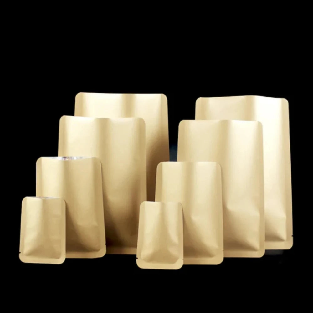 100 шт. пакетиков из крафт-бумаги с плоским дном и майларовой фольгой для самостоятельного хранения чая, кофе, специй, термосвариваемых, экологичных 