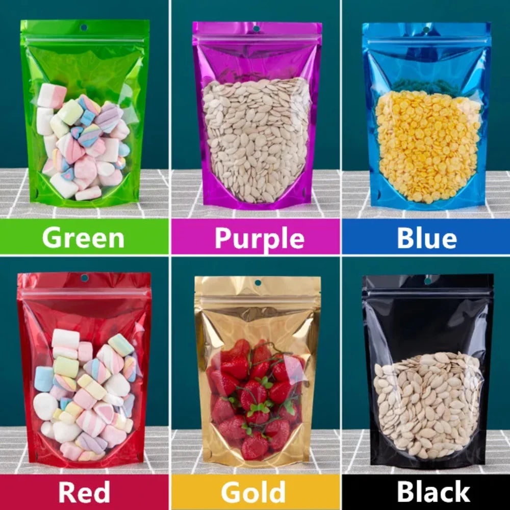 100Pcs Clear Resealable Ziplock Bags Hang Hole Stand Up Plastic Pouches for Wedding Snacks Coffee Candy Spice Storage Packaging