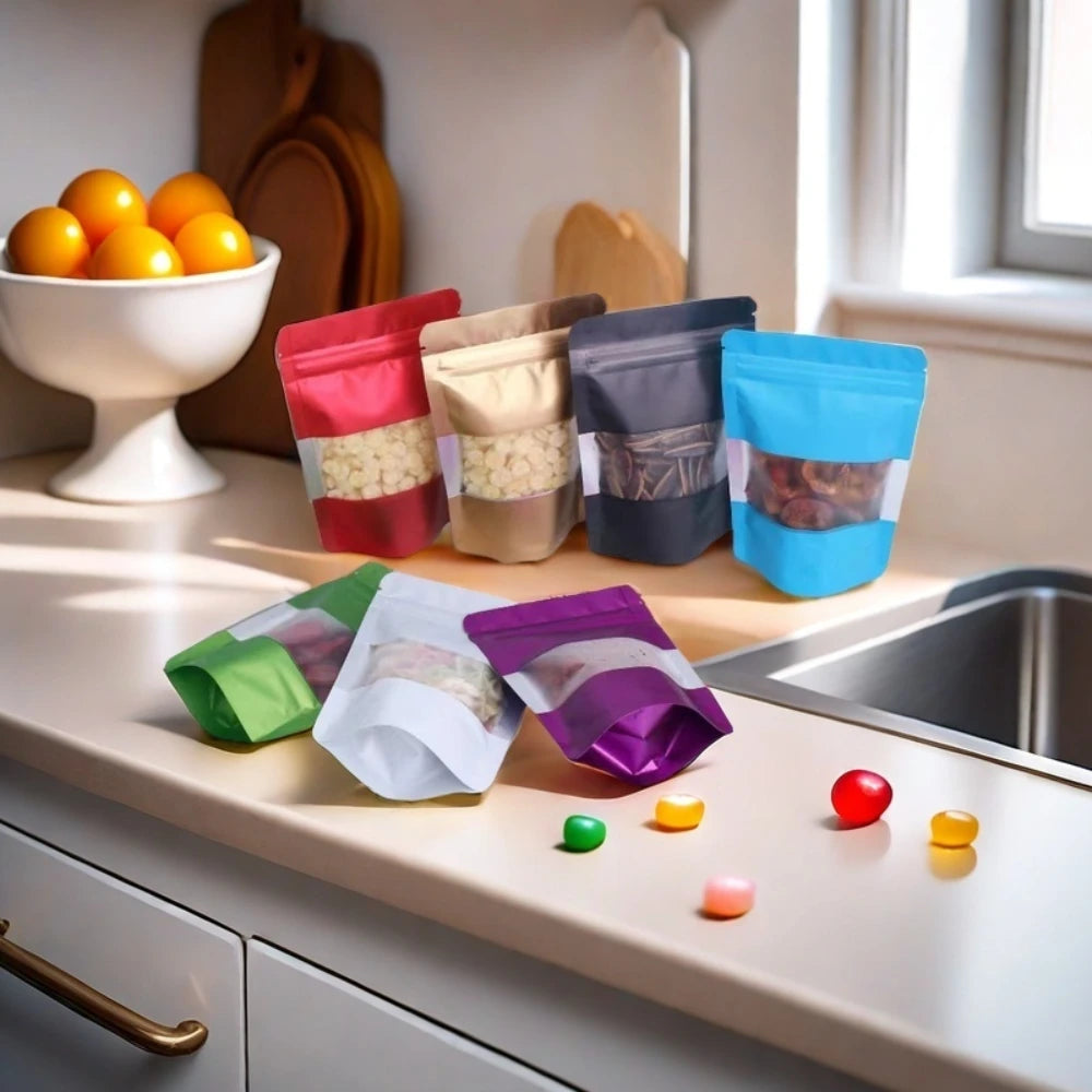 100Pcs Matte Aluminum Foil Mylar Bags Moisture Proof Self Standing Snack Storage Resealable Reusable Zipper Lock Pouches