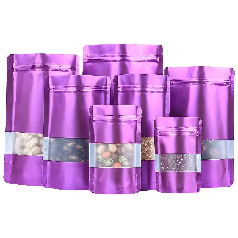 100Pcs Resealable Ziplock Bags Matte Aluminum Foil Stand Up Storage Pouches with Window for Snacks Beads Cereal Spices Candies