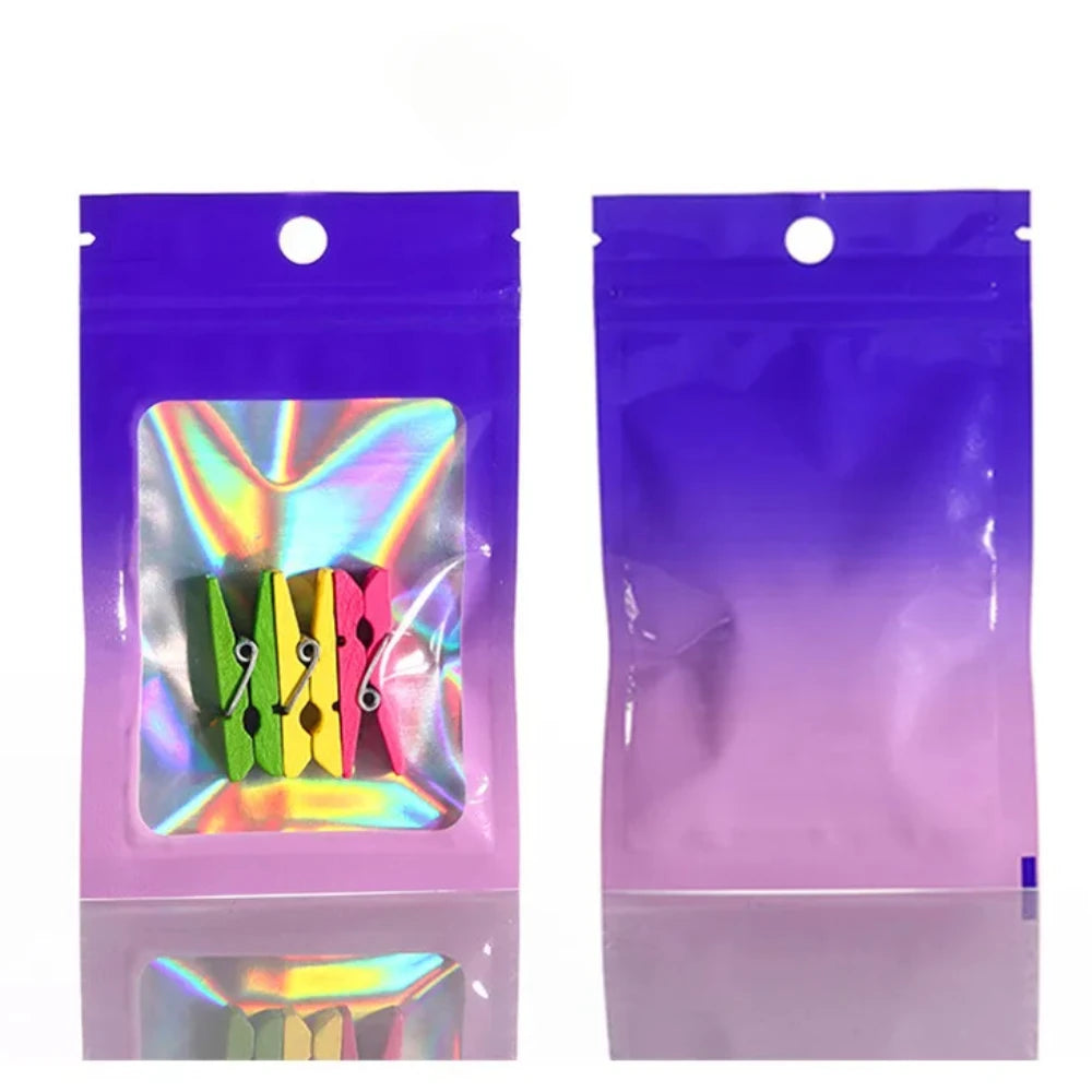 100 шт. голографических пакетов с застежкой-молнией, градиентные голографические пакеты из алюминиевой фольги для ювелирных украшений, дизайна ногтей, упаковки для ресниц, многоразовые 