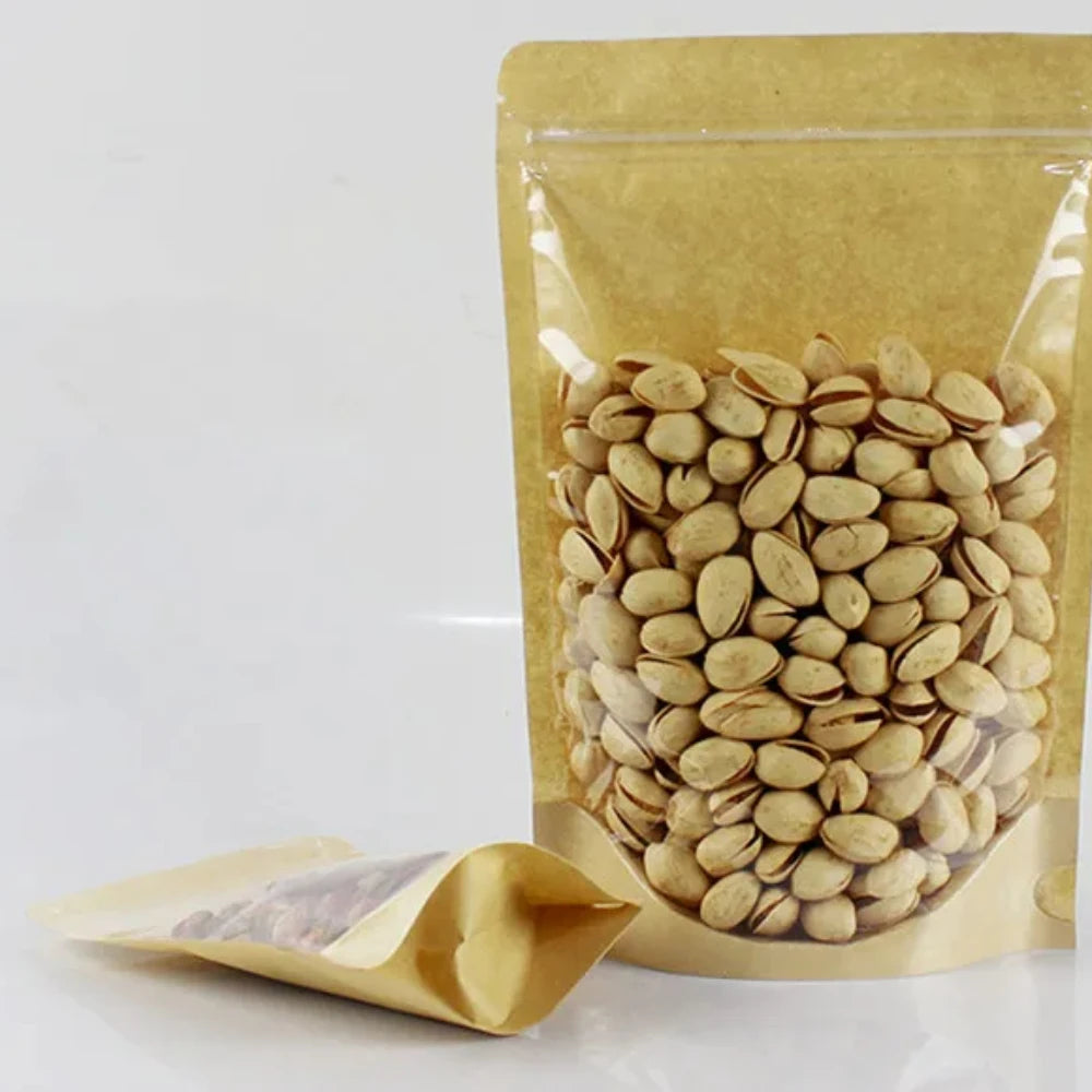 100Pcs Clear Stand Up Kraft Paper Ziplock Bags Reusable Storage Pouches for Matcha Cocoa Coffee Snacks Gifts for Tea Chocolate