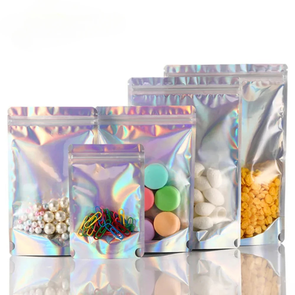 100Pcs Holographic Zip Lock Bags Translucent Stand Up Clear Front Perfect for Snacks Coffee Dried Fruits Candy Reusable Pouches