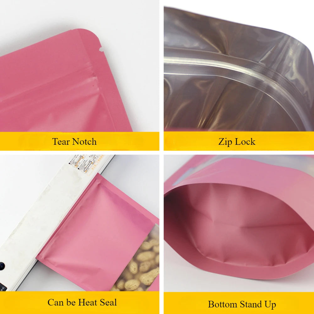 Colored Aluminum Foil Bag Matte Window Stand Up Plated Self Sealing Frosted Food Packaging Candy Snack Sealed Pouches