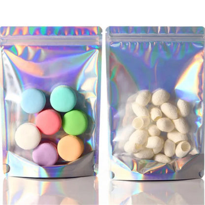 100Pcs Holographic Zip Lock Bags Translucent Stand Up Clear Front Perfect for Snacks Coffee Dried Fruits Candy Reusable Pouches
