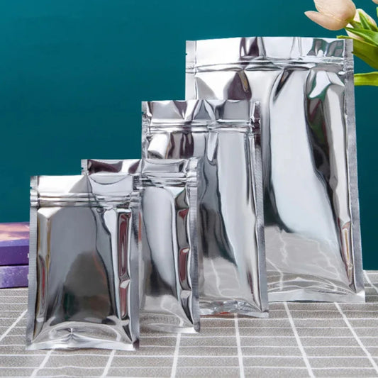 100Pcs Flat Glossy Silver Aluminum Foil Ziplock Pouches Perfect for Tea Snacks Spices Coffee Storage Reusable Packaging Bags