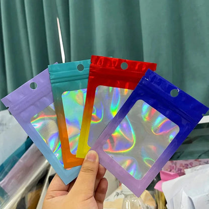 100 шт. голографических пакетов с застежкой-молнией, градиентные голографические пакеты из алюминиевой фольги для ювелирных украшений, дизайна ногтей, упаковки для ресниц, многоразовые 