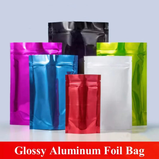 100Pcs Resealable Colorful Glossy Aluminum Foil Stand Up Bags Zip Lock Pouches Ideal for Coffee Beans Snacks Candy Gifts Packing