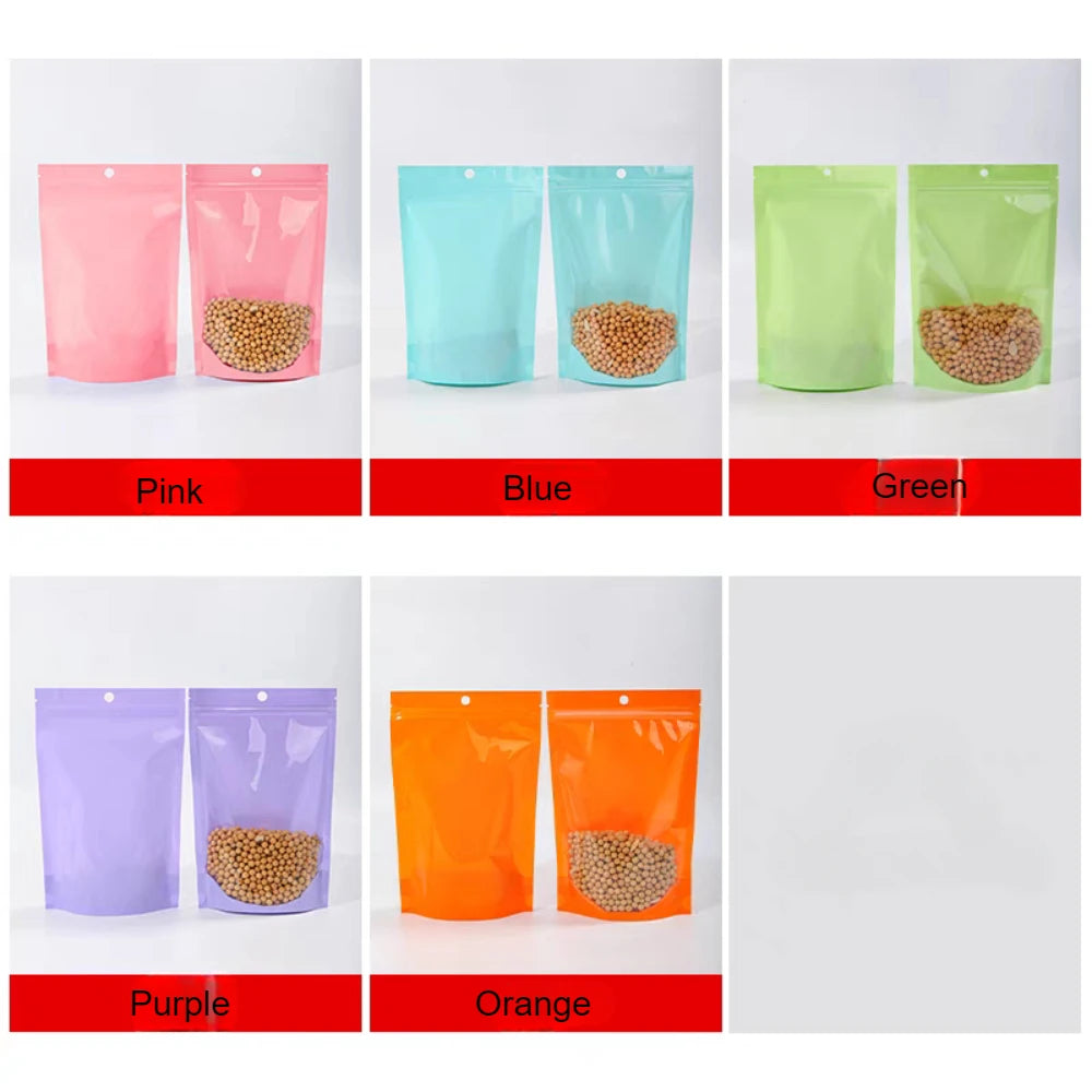 100Pcs Pink Green Purple Macaron Plastic Bags Stand Up Zipper Food Storage Pouches for Tea Nuts Powder Transparent Pearlescent