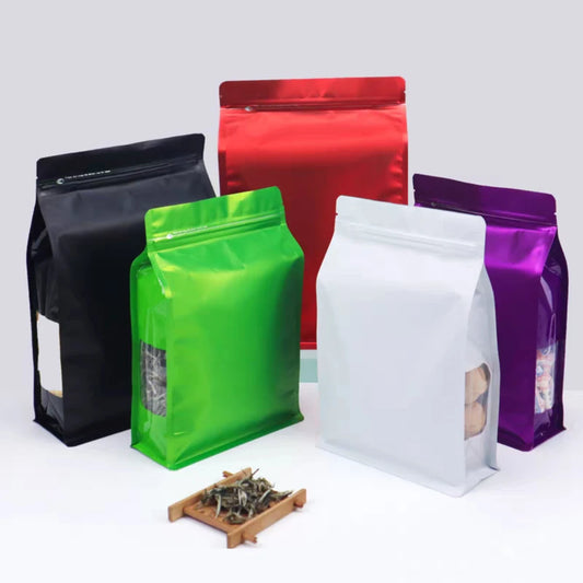 50Pcs Resealable Aluminum Foil Ziplock Stand Up Bags Clear Window Pouches for Tea Coffee Snacks Candy Heat Sealing Packaging