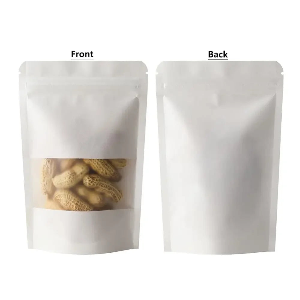 100Pcs Kraft Matte Stand Up Pouches with Visible Window Zipper Seal Self-Sealing Bags for Snacks Dried Fruits Tea Storage