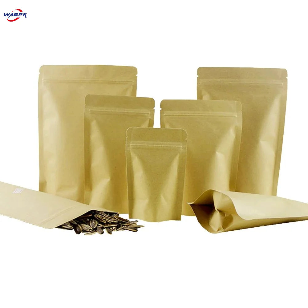 50Pcs/Lot Kraft Paper Aluminum Foil Zip Lock Stand Up Bag Resealable Reclosable Tear Notch Doypack Chocolate Candy Snack Pouches
