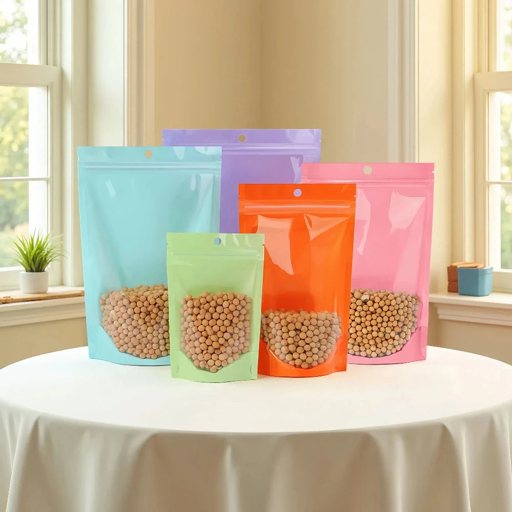 100Pcs Pink Green Purple Macaron Plastic Bags Stand Up Zipper Food Storage Pouches for Tea Nuts Powder Transparent Pearlescent