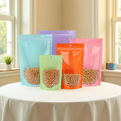 100Pcs Pink Green Purple Macaron Plastic Bags Stand Up Zipper Food Storage Pouches for Tea Nuts Powder Transparent Pearlescent