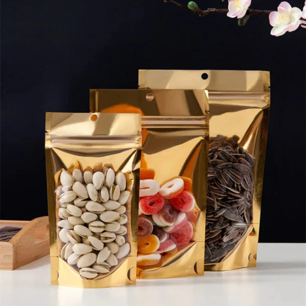 100Pcs Resealable Clear Gold Zip Lock Stand Up Bags Perfect for Storing Snacks Coffee Candy Dried Fruits Packaging Pouches