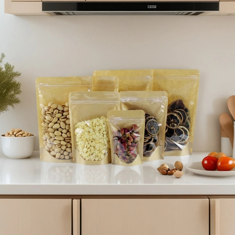 100Pcs Stand Up Clear Kraft Paper Ziplock Bags Resealable Storage Pouches for Snacks Coffee Tea Gifts Enviromental Packaging