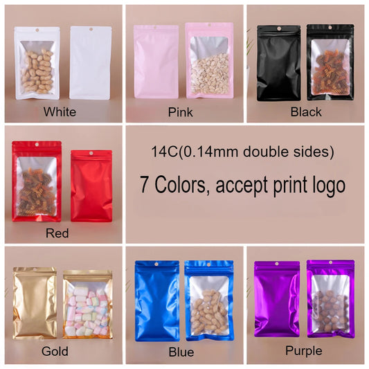 100Pcs Colored Aluminum Foil Self Sealing Bag Matte Window Zipper Digital Phone Case Jewelry Sample Food Bean Packaging Pouches