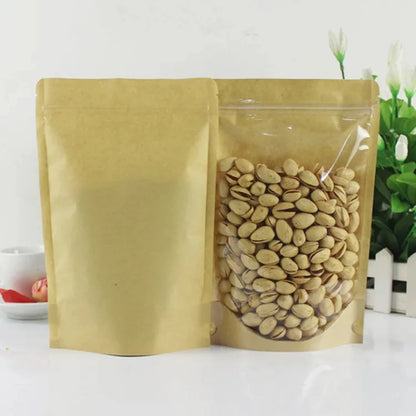 100Pcs Clear Stand Up Kraft Paper Ziplock Bags Reusable Storage Pouches for Matcha Cocoa Coffee Snacks Gifts for Tea Chocolate