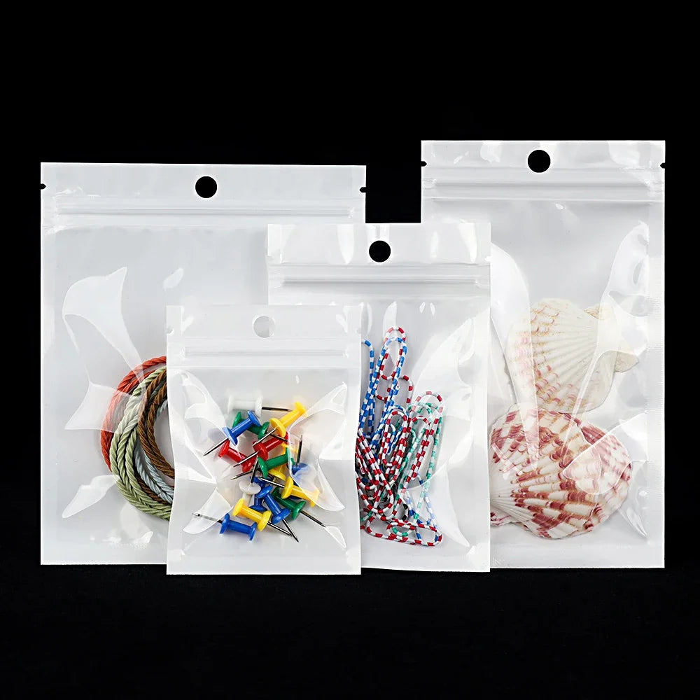 100Pcs White Ziplock Bags Dustproof Sealing Pouches for Jewelry Phone Accessories Sided Transparent Design for Packing Storage
