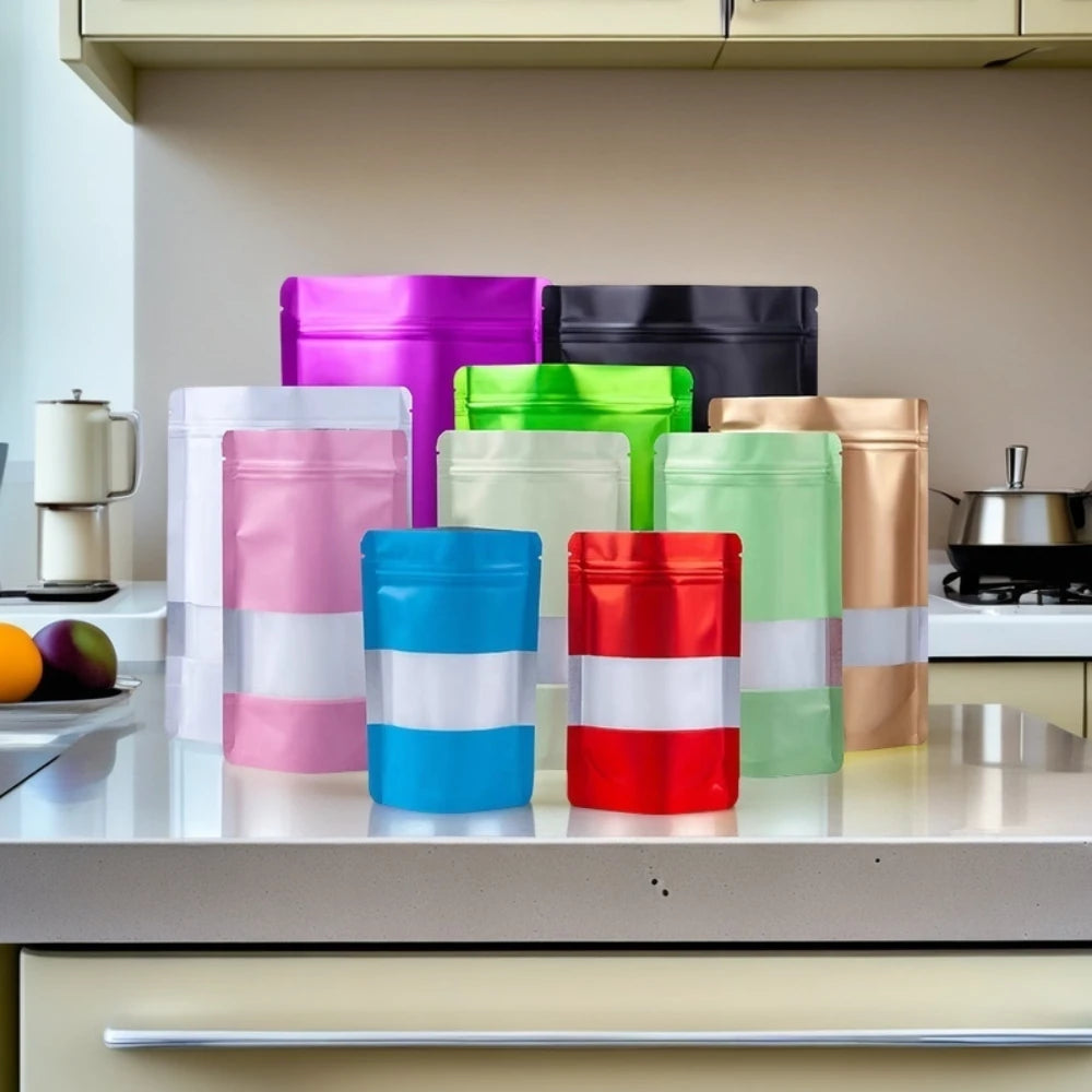 100Pcs Resealable Ziplock Bags Matte Aluminum Foil Stand Up Storage Pouches with Window for Snacks Beads Cereal Spices Candies