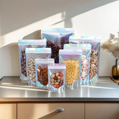 100Pcs Holographic Zip Lock Bags Translucent Stand Up Clear Front Perfect for Snacks Coffee Dried Fruits Candy Reusable Pouches