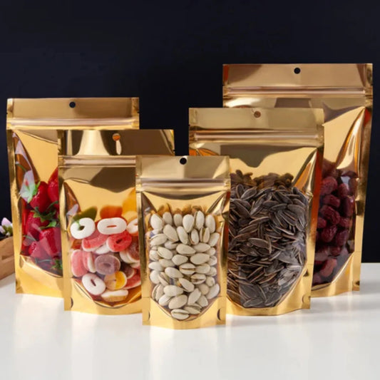 100Pcs Resealable Clear Gold Zip Lock Stand Up Bags Perfect for Storing Snacks Coffee Candy Dried Fruits Packaging Pouches