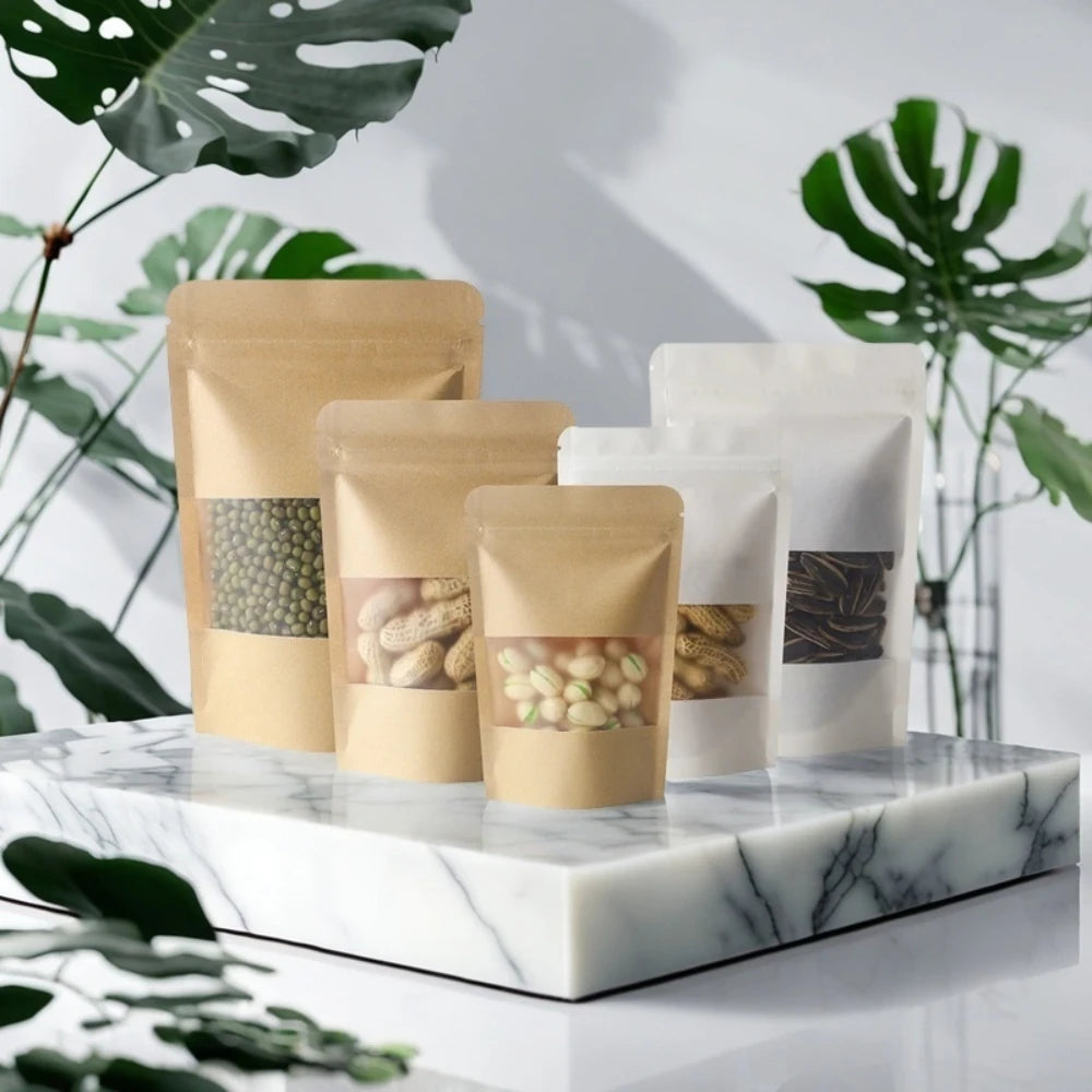 100Pcs Kraft Matte Stand Up Pouches with Visible Window Zipper Seal Self-Sealing Bags for Snacks Dried Fruits Tea Storage