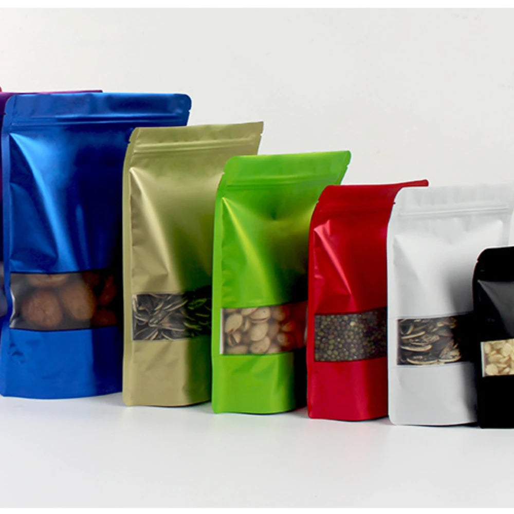 Colored Aluminum Foil Bag Matte Window Stand Up Plated Self Sealing Frosted Food Packaging Candy Snack Sealed Pouches