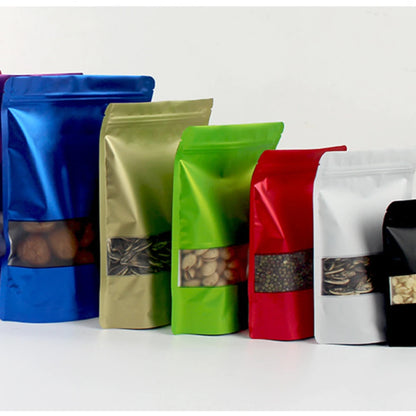 Colored Aluminum Foil Bag Matte Window Stand Up Plated Self Sealing Frosted Food Packaging Candy Snack Sealed Pouches