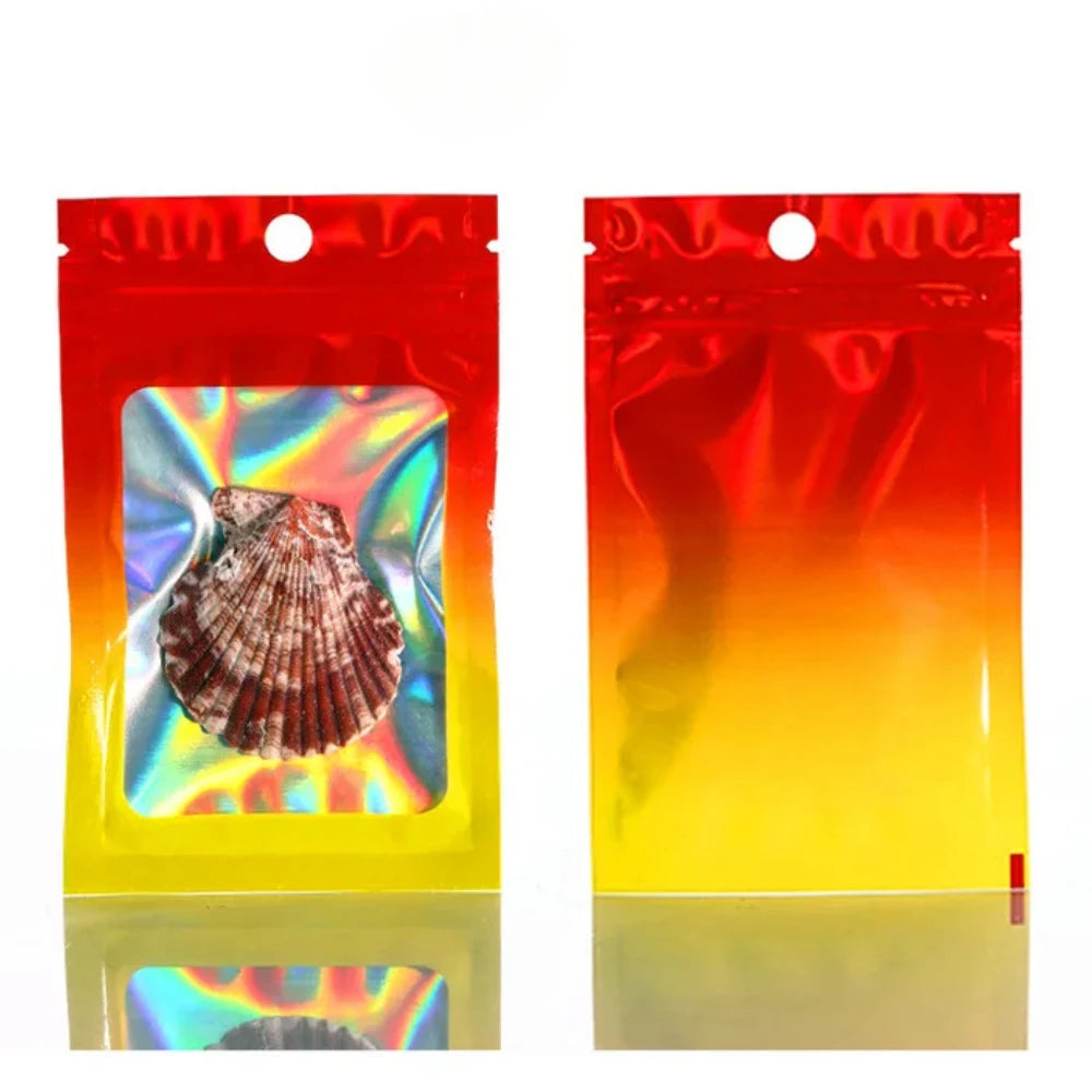 100 шт. голографических пакетов с застежкой-молнией, градиентные голографические пакеты из алюминиевой фольги для ювелирных украшений, дизайна ногтей, упаковки для ресниц, многоразовые 