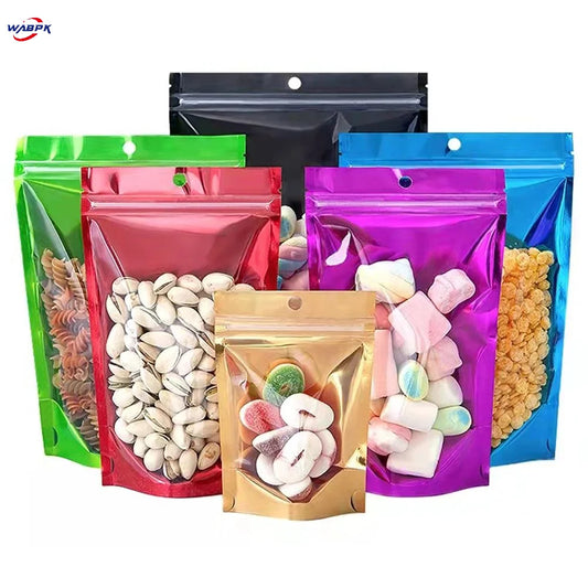 100Pcs/Lot Clear Aluminum Mylar Foil Zip Lock Stand Up Bag with Hang Hole Self Grip Seal Tear Notch Food Storage Pack Pouches