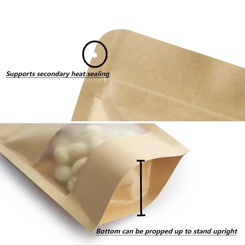 100Pcs Kraft Matte Stand Up Pouches with Visible Window Zipper Seal Self-Sealing Bags for Snacks Dried Fruits Tea Storage