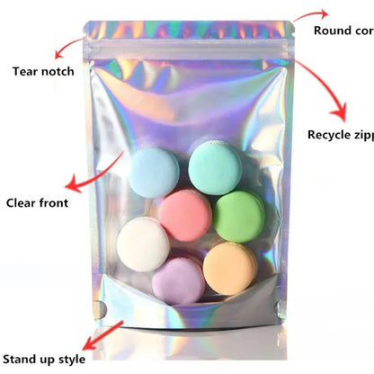 100Pcs Holographic Zip Lock Bags Translucent Stand Up Clear Front Perfect for Snacks Coffee Dried Fruits Candy Reusable Pouches
