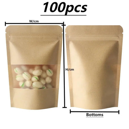 100Pcs Kraft Matte Stand Up Pouches with Visible Window Zipper Seal Self-Sealing Bags for Snacks Dried Fruits Tea Storage