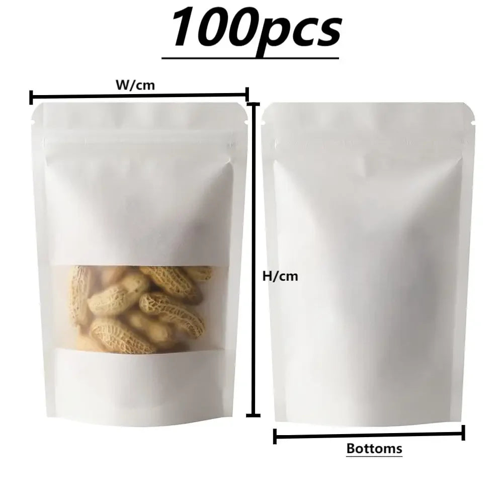 100Pcs Kraft Matte Stand Up Pouches with Visible Window Zipper Seal Self-Sealing Bags for Snacks Dried Fruits Tea Storage
