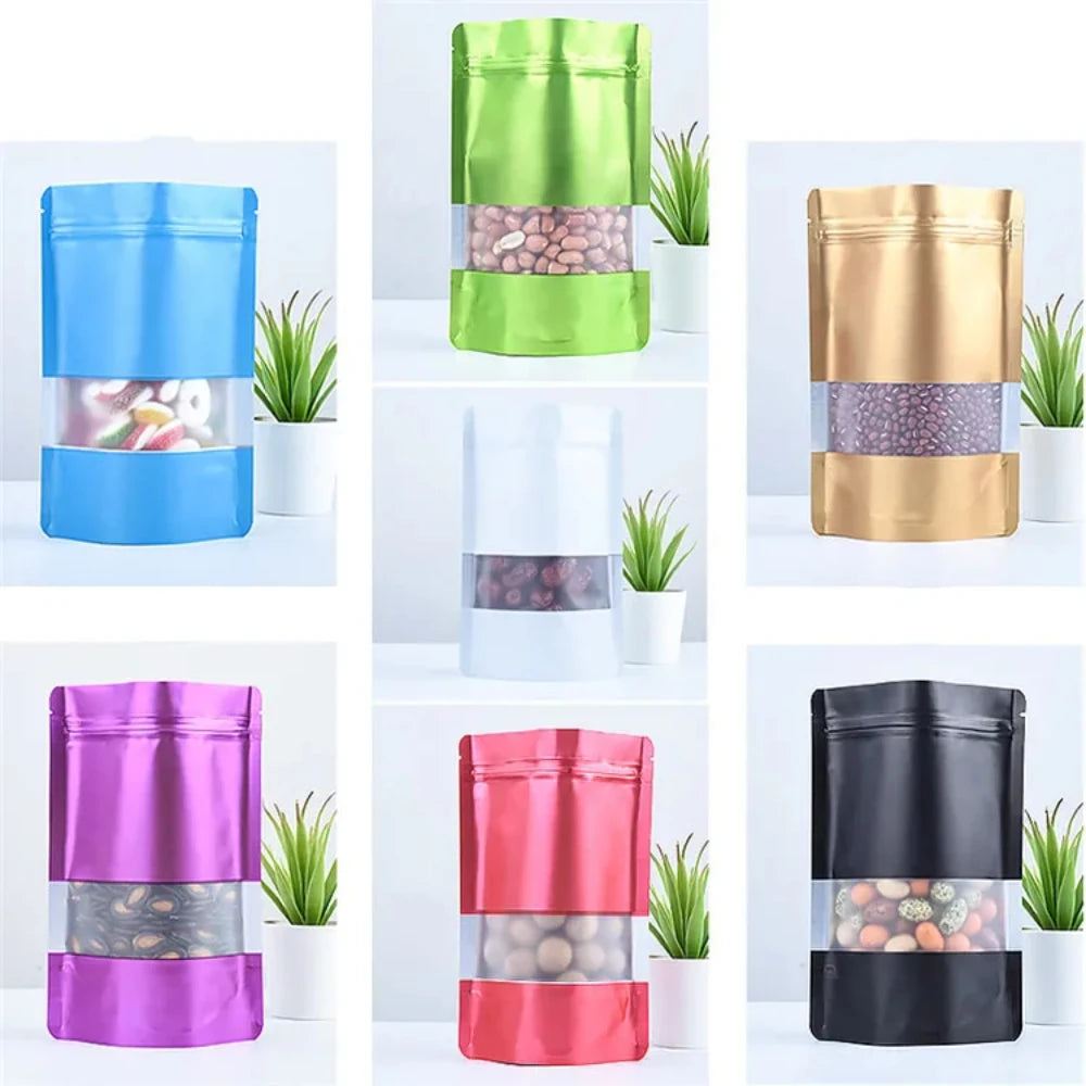100Pcs Resealable Ziplock Bags Matte Aluminum Foil Stand Up Storage Pouches with Window for Snacks Beads Cereal Spices Candies