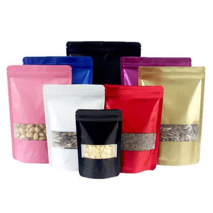 Colored Aluminum Foil Bag Matte Window Stand Up Plated Self Sealing Frosted Food Packaging Candy Snack Sealed Pouches