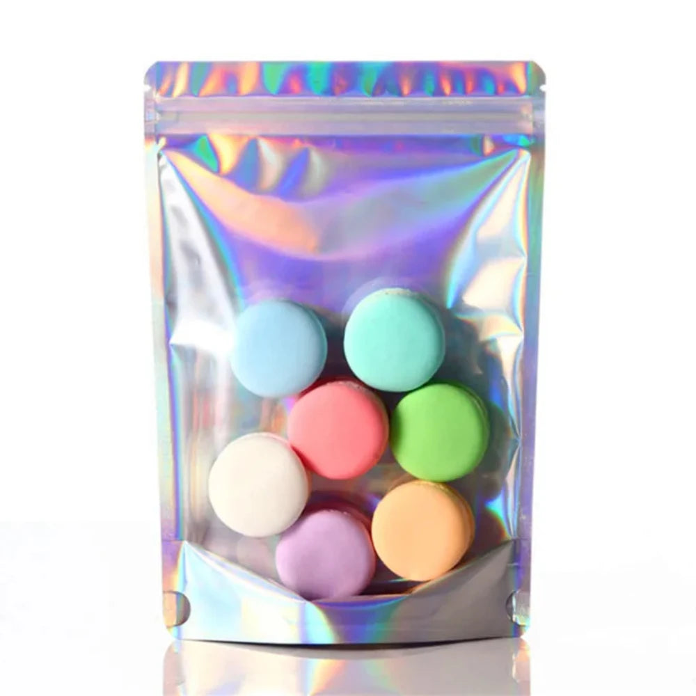 100Pcs Holographic Zip Lock Bags Translucent Stand Up Clear Front Perfect for Snacks Coffee Dried Fruits Candy Reusable Pouches