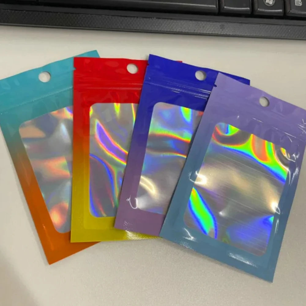 100 шт. голографических пакетов с застежкой-молнией, градиентные голографические пакеты из алюминиевой фольги для ювелирных украшений, дизайна ногтей, упаковки для ресниц, многоразовые 