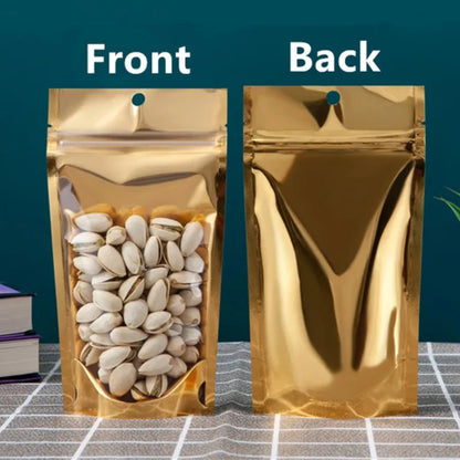 100Pcs Resealable Clear Gold Zip Lock Stand Up Bags Perfect for Storing Snacks Coffee Candy Dried Fruits Packaging Pouches