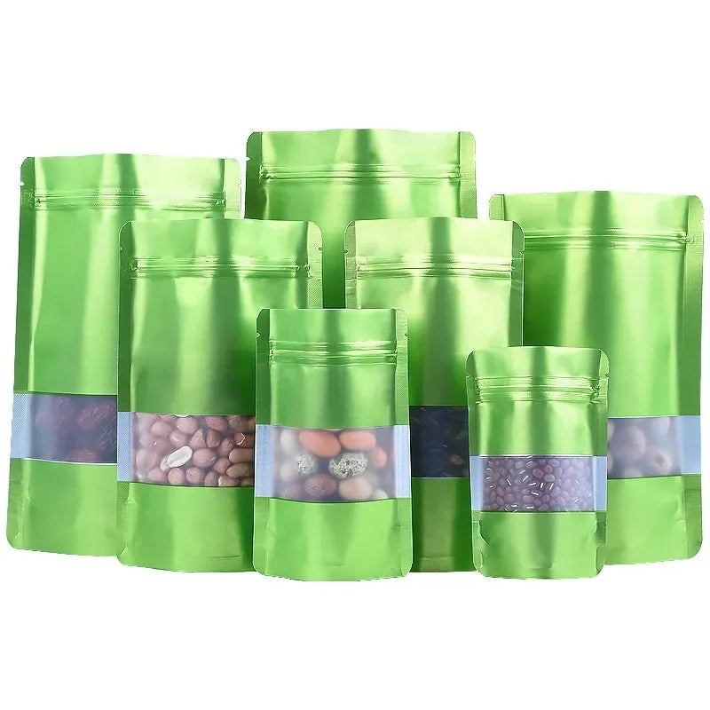 100Pcs Resealable Ziplock Bags Matte Aluminum Foil Stand Up Storage Pouches with Window for Snacks Beads Cereal Spices Candies