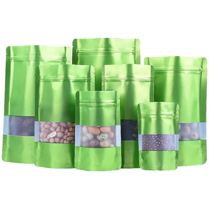 100Pcs Resealable Ziplock Bags Matte Aluminum Foil Stand Up Storage Pouches with Window for Snacks Beads Cereal Spices Candies
