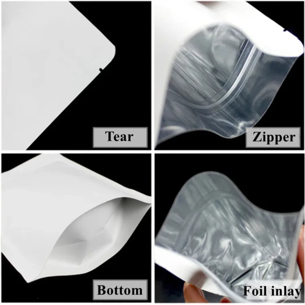 50Pcs White Paper Stand Up Ziplock Mylar Bags Heat Sealing Pouches for Coffee Snacks Spices Tea Dates Ideal Storage Solution