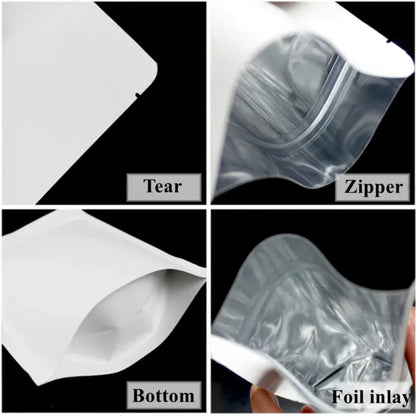 50Pcs White Paper Stand Up Ziplock Mylar Bags Heat Sealing Pouches for Coffee Snacks Spices Tea Dates Ideal Storage Solution