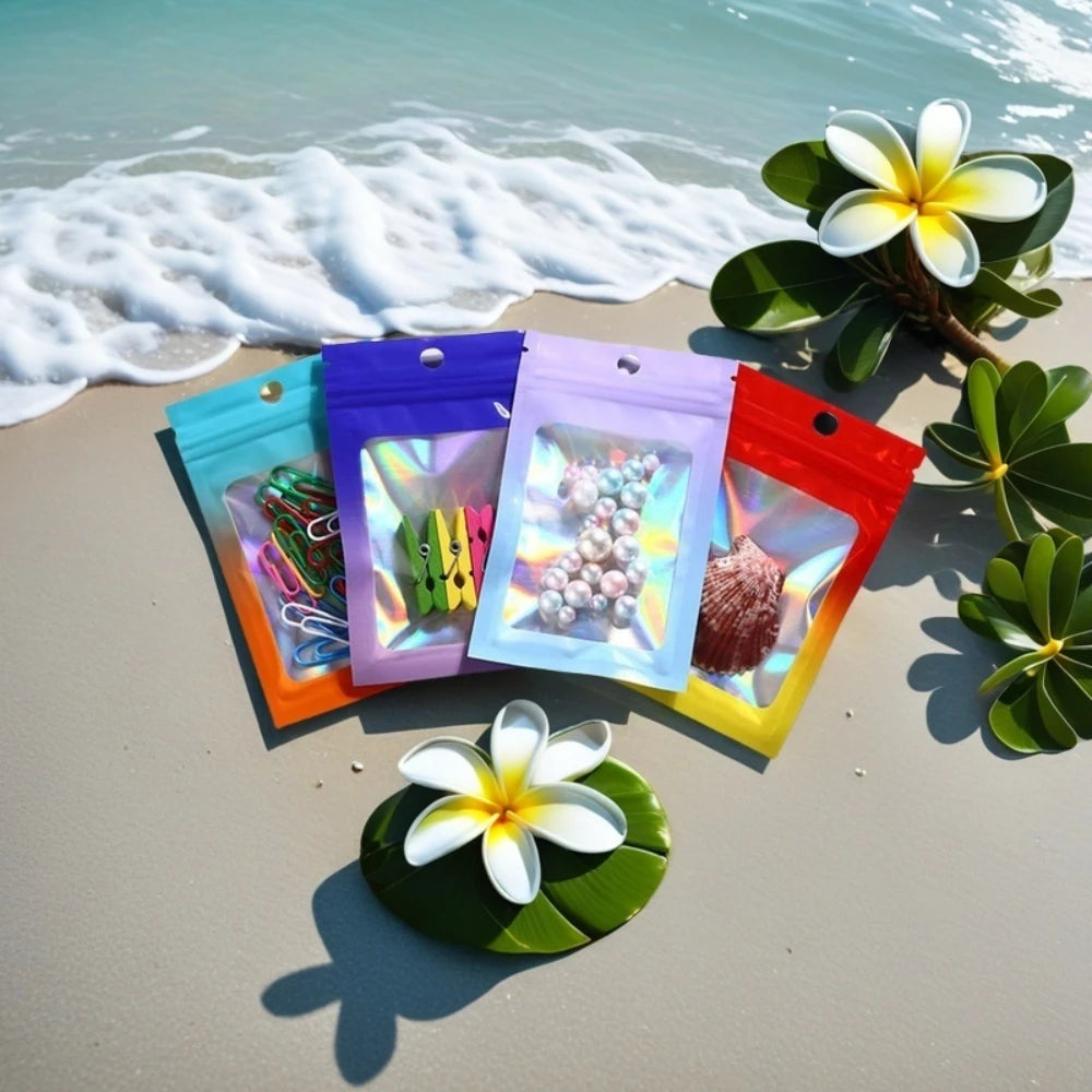 100 шт. голографических пакетов с застежкой-молнией, градиентные голографические пакеты из алюминиевой фольги для ювелирных украшений, дизайна ногтей, упаковки для ресниц, многоразовые 