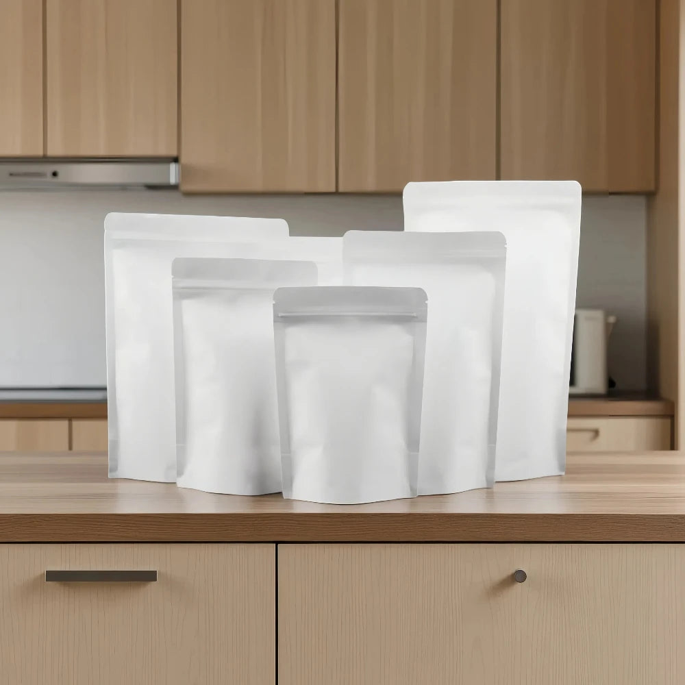 50Pcs White Paper Stand Up Ziplock Mylar Bags Heat Sealing Pouches for Coffee Snacks Spices Tea Dates Ideal Storage Solution