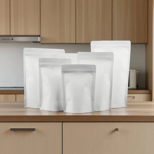 50Pcs White Paper Stand Up Ziplock Mylar Bags Heat Sealing Pouches for Coffee Snacks Spices Tea Dates Ideal Storage Solution
