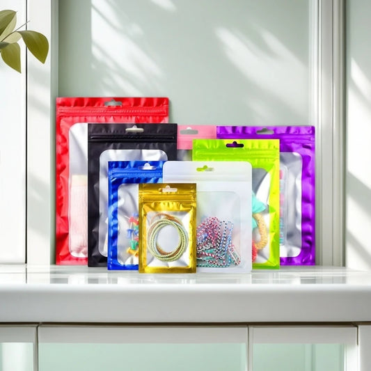 100Pcs Matte Aluminium Foil Transparent Colorful Frame Self Sealing Bags Waterproof Reusable Jewelry Gift Zip Lock Pouches